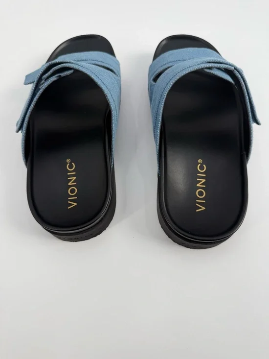 Vionic Riviera Platform Blue Denim Double Strap Slide Sandals Adjustable Velcro - Picture 6 of 15